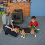 Spotkanie z dogoterapeutą - dziecko głaszcze psa