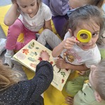 Tygryski w Bibliotece- dzieci oglądają ziarna przez lupę 