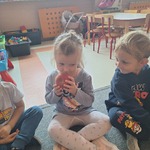 Dzień Jabłka- dziewczynka z grupy Tygryski wącha jabłko