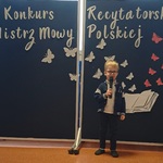 Mistrz Mowy Polskiej - konkurs, chłopiec recytuje wiersz