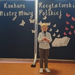Mistrz Mowy Polskiej - konkurs, chłopiec recytuje wiersz