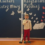 Mistrz Mowy Polskiej - konkurs, chłopiec recytuje wiersz